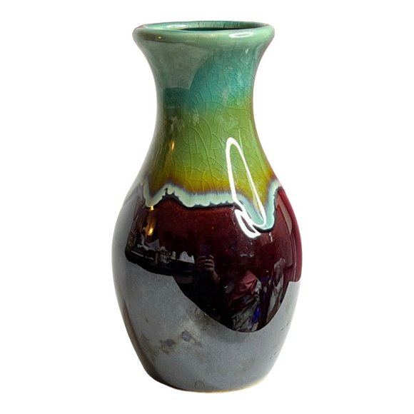 Unbranded unsigned Blue Green Brown drip‎ glaze 5” bud vase crazing FLAW - Picture 3 of 10